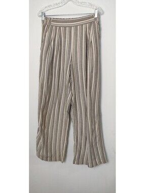 Dynamite Beige Grey Striped Linen Blend High Waist Wide Leg Pants Womens Small S